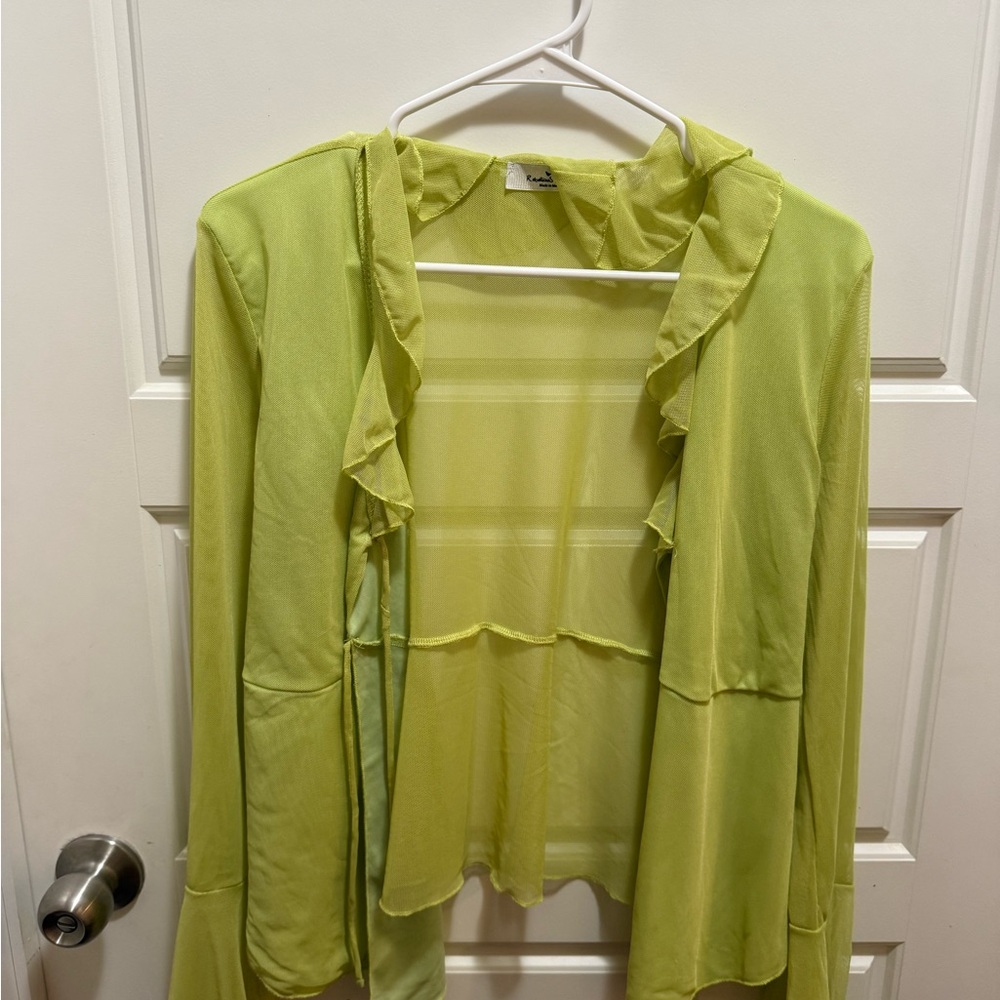 Light Green Ruffle Open-Front Women's Cardigan